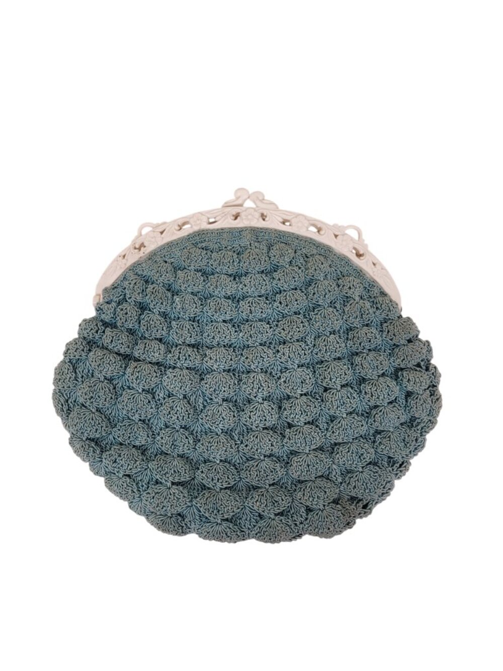 40s/50s Art Deco Blue Crocheted Corde Shell Purse Clutch Bag Celluloid Handle